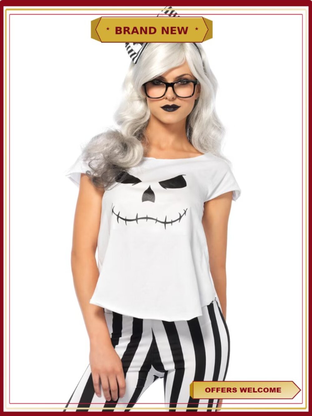 Hipster Skeleton Halloween Costume Set Adult Medium Tee Leggings Bow